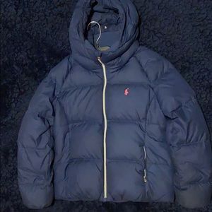 Navy Blue Girls Polo Coat with Pink logo